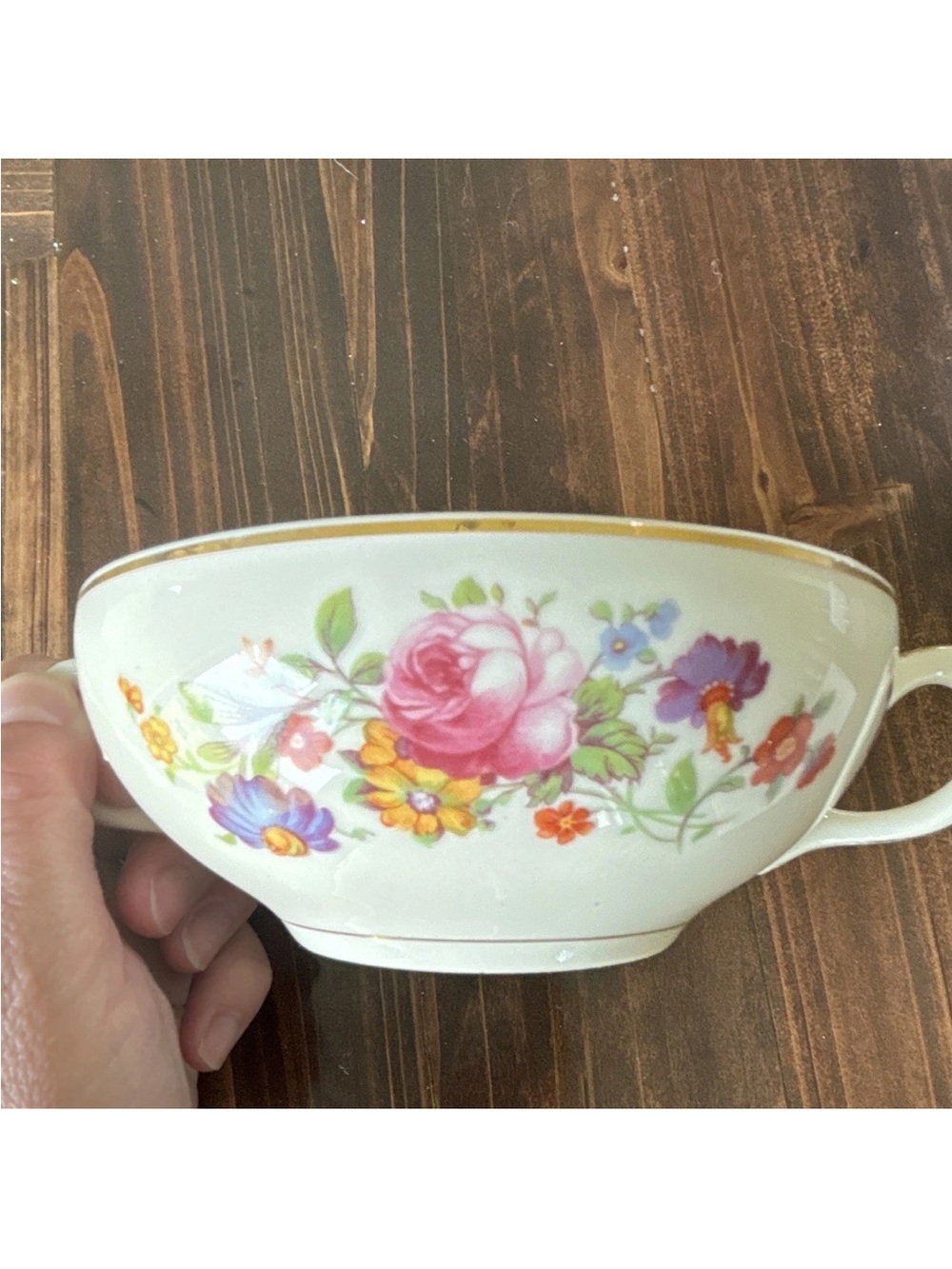 Floral Porcelain Tea Cup with Pink Rose and Multicolor Blooms